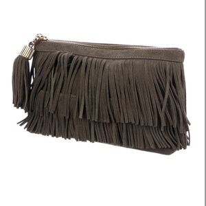 NWOT India Hicks Olive Green Fringe Suede Clutch